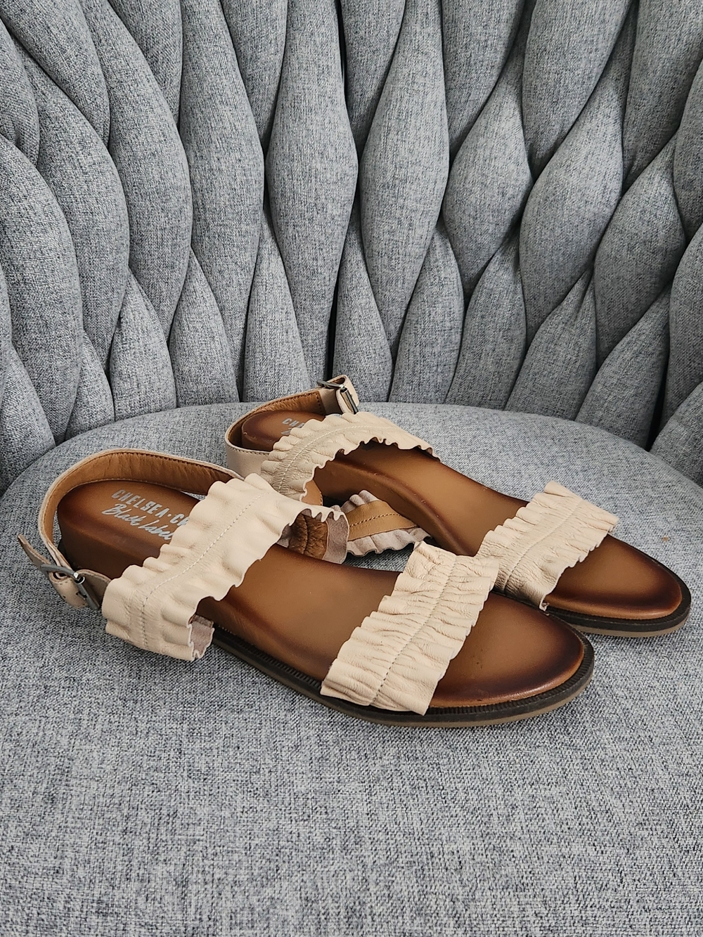 Chelsea Crew Women's Beige Ruffle Strap Sandals